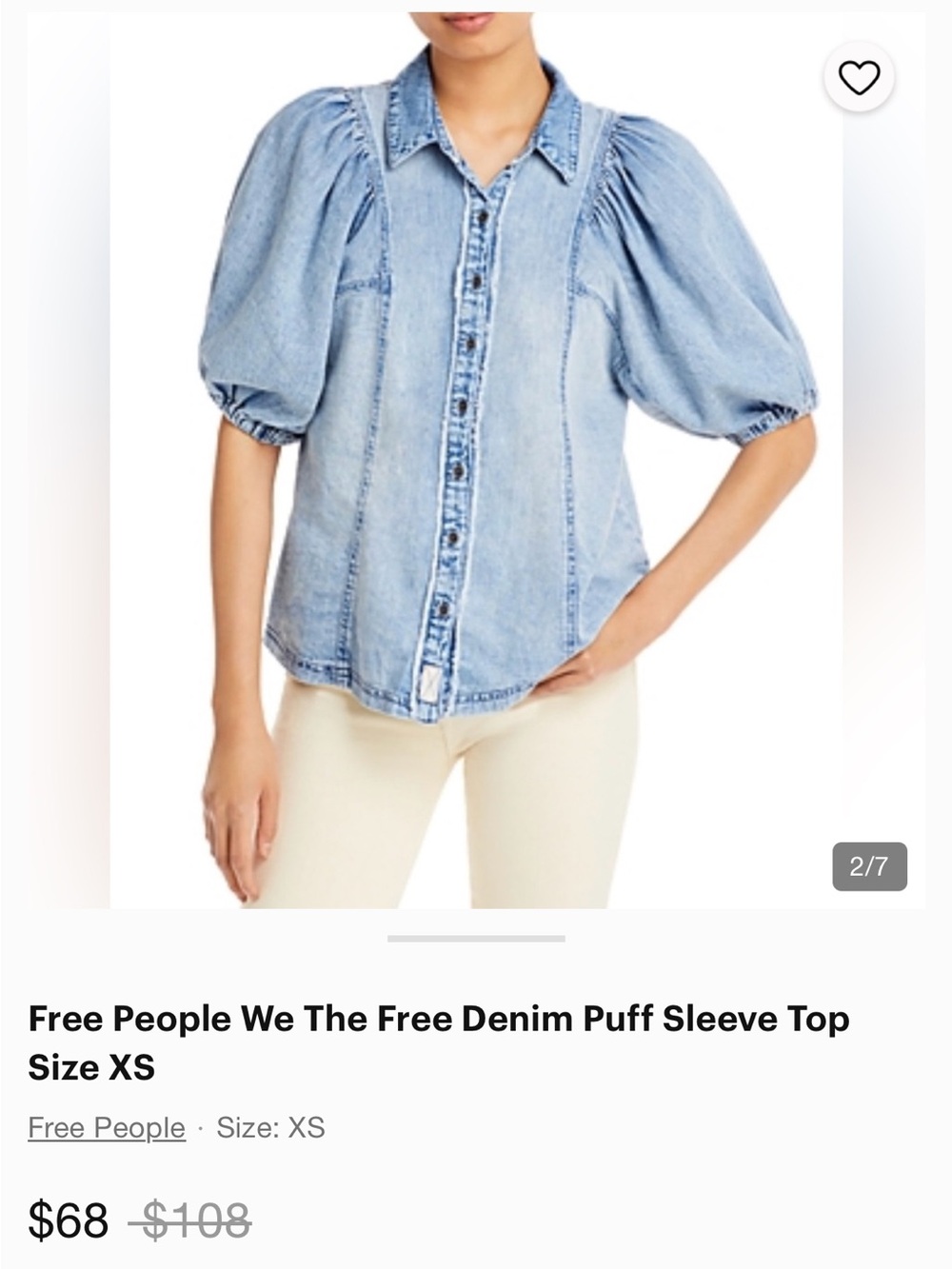 We The Free Light Blue Denim Puff Sleeve Button-Front Shirt